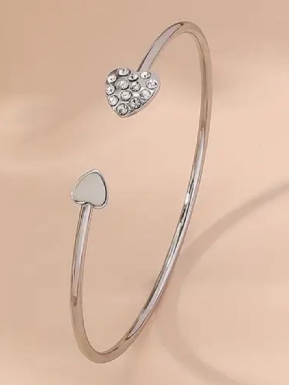 Silver Heart Open Bangle Bracelet with Crystal Accents